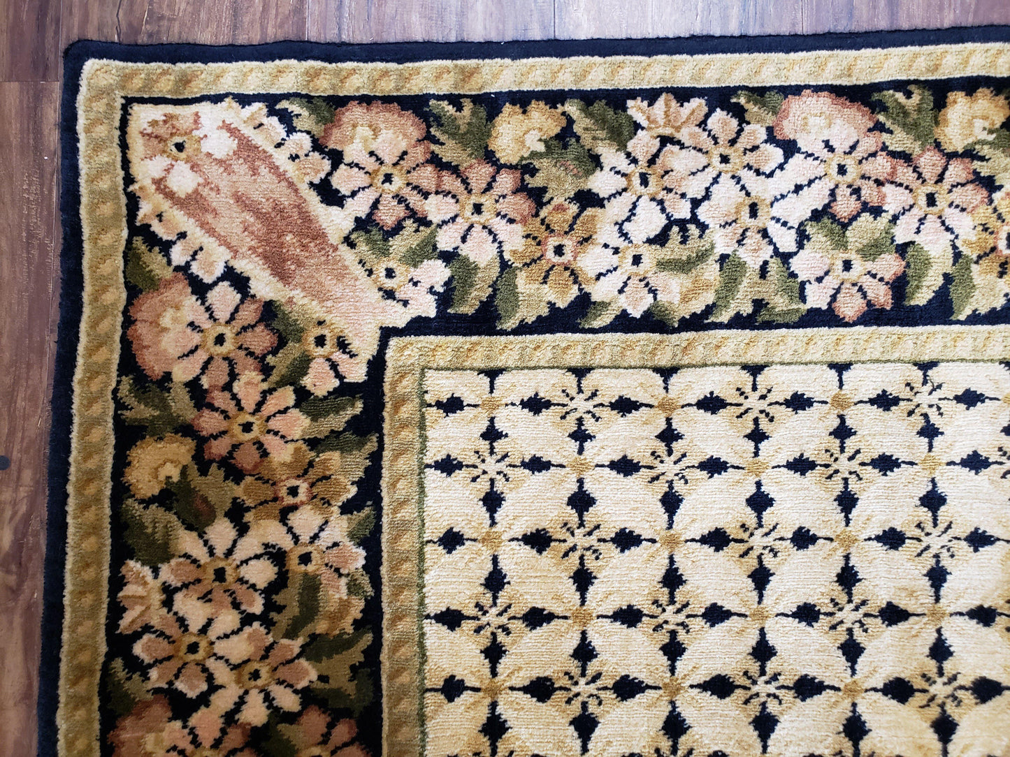 Indian Rug with Tibetan Weave, 6x8 - 6x9 Rugs, Indo-Tibetan Rug, Black and Cream Beige Tan, Floral Border, Soft Rug, Handmade Area Rug, Wool - Nuvé