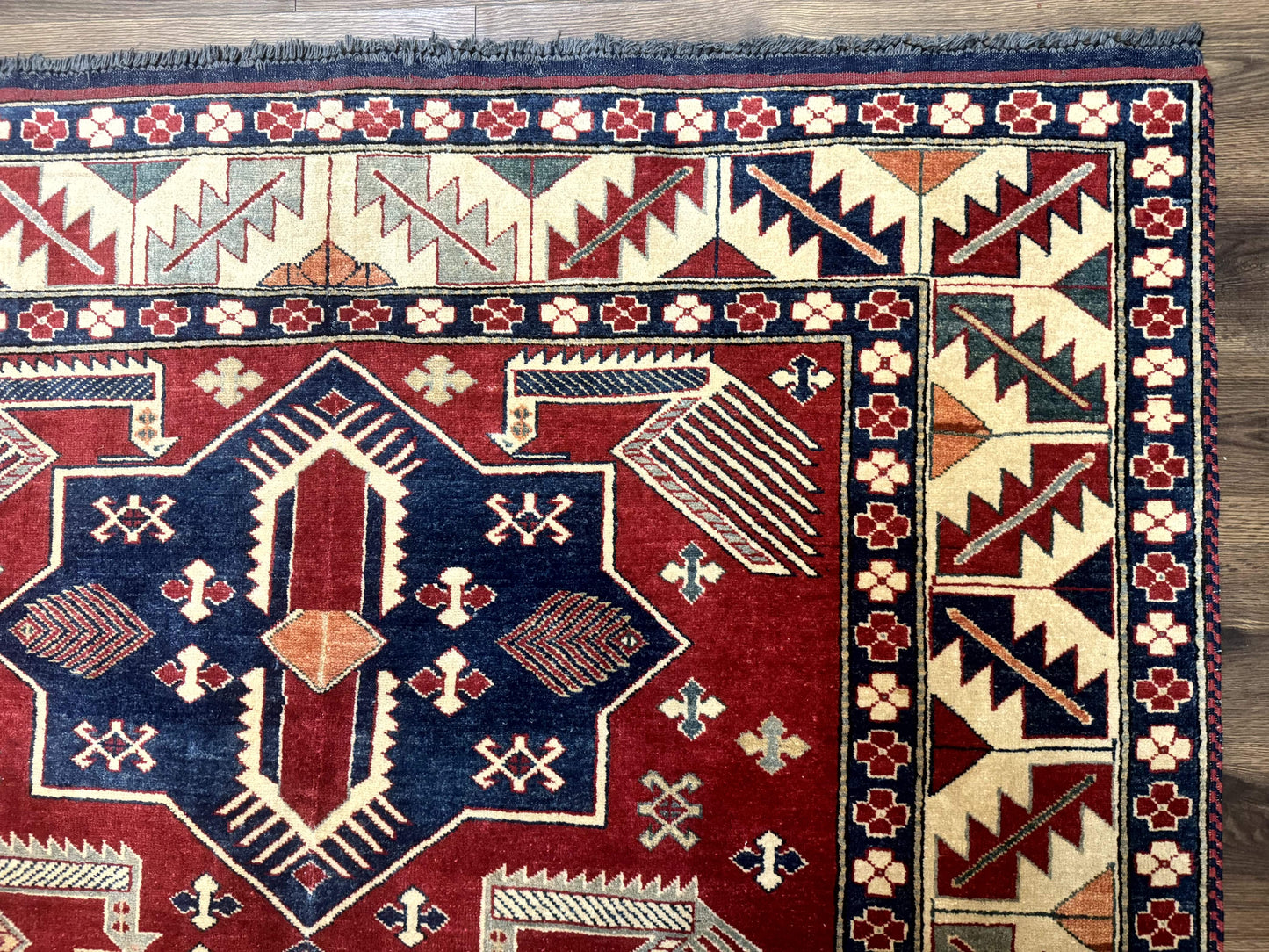 Turkish Kazak Rug 6x8, Caucasian Design, Geometric Medallions, Red Blue Beige - Nuvé