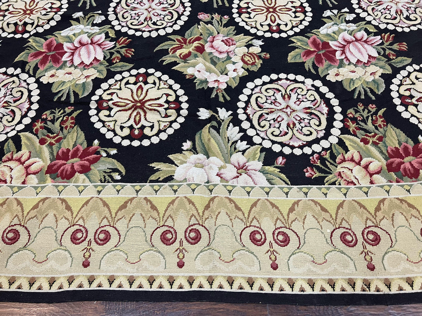 9x12 Black Needlepoint Rug, European Floral Panel Design, Handwoven, Vintage Chinese Needlepoint, Black Green Beige, Wool Rug 9 x 12 - Nuvé