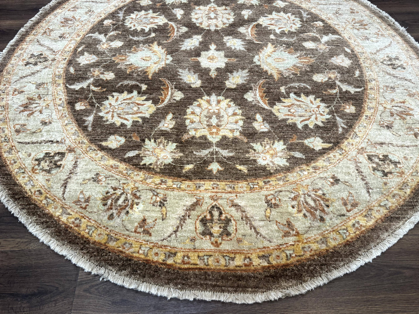 Round Pakistani Rug 6x6, Brown and Beige, Floral, Peshawar Rug, Traditional - Nuvé