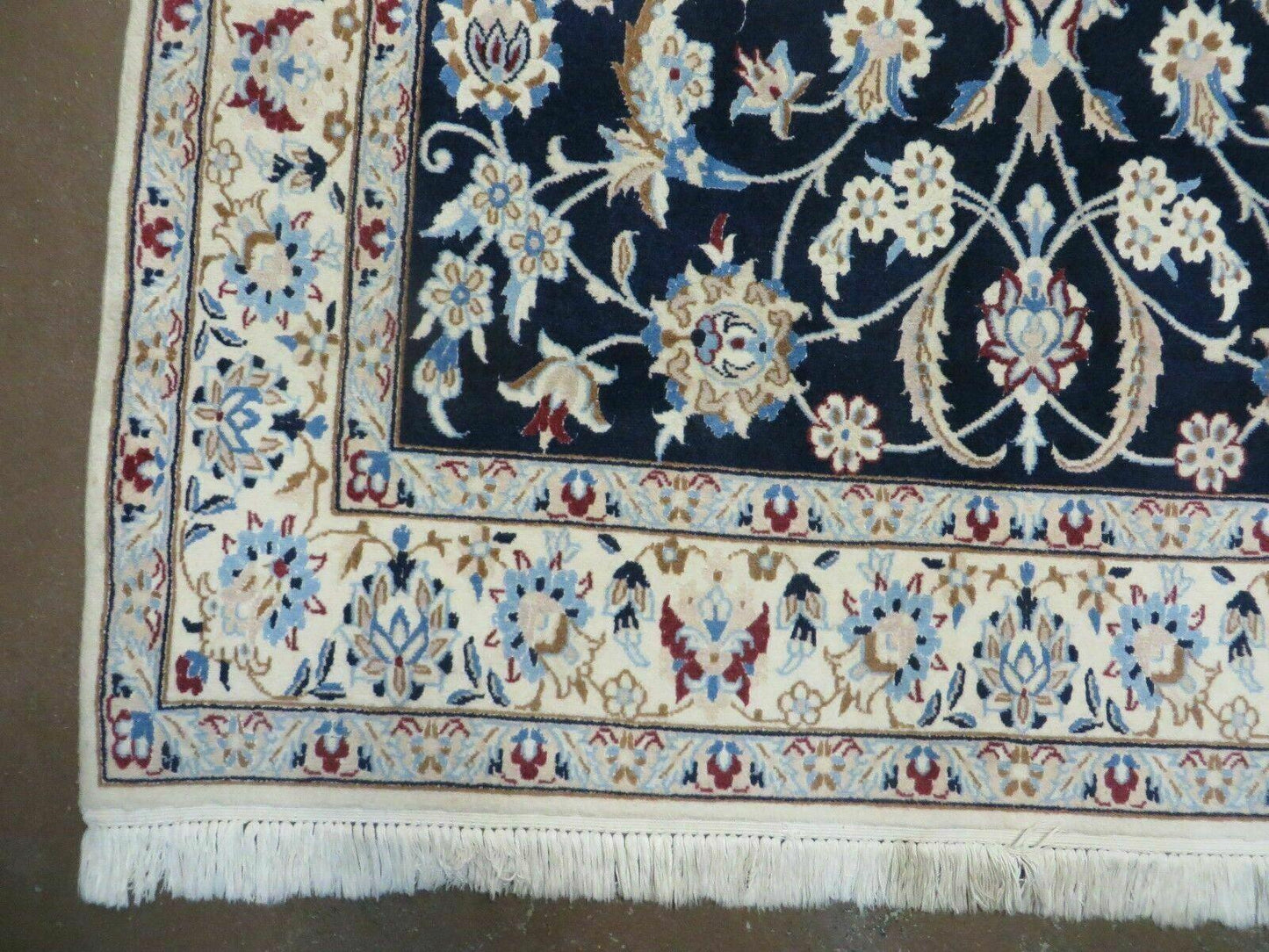 Persian Nain Rug 4x7, Navy Blue and Ivory, Handmade, Wool & Silk Highlights, Fine Oriental Rug, Vintage - Nuvé