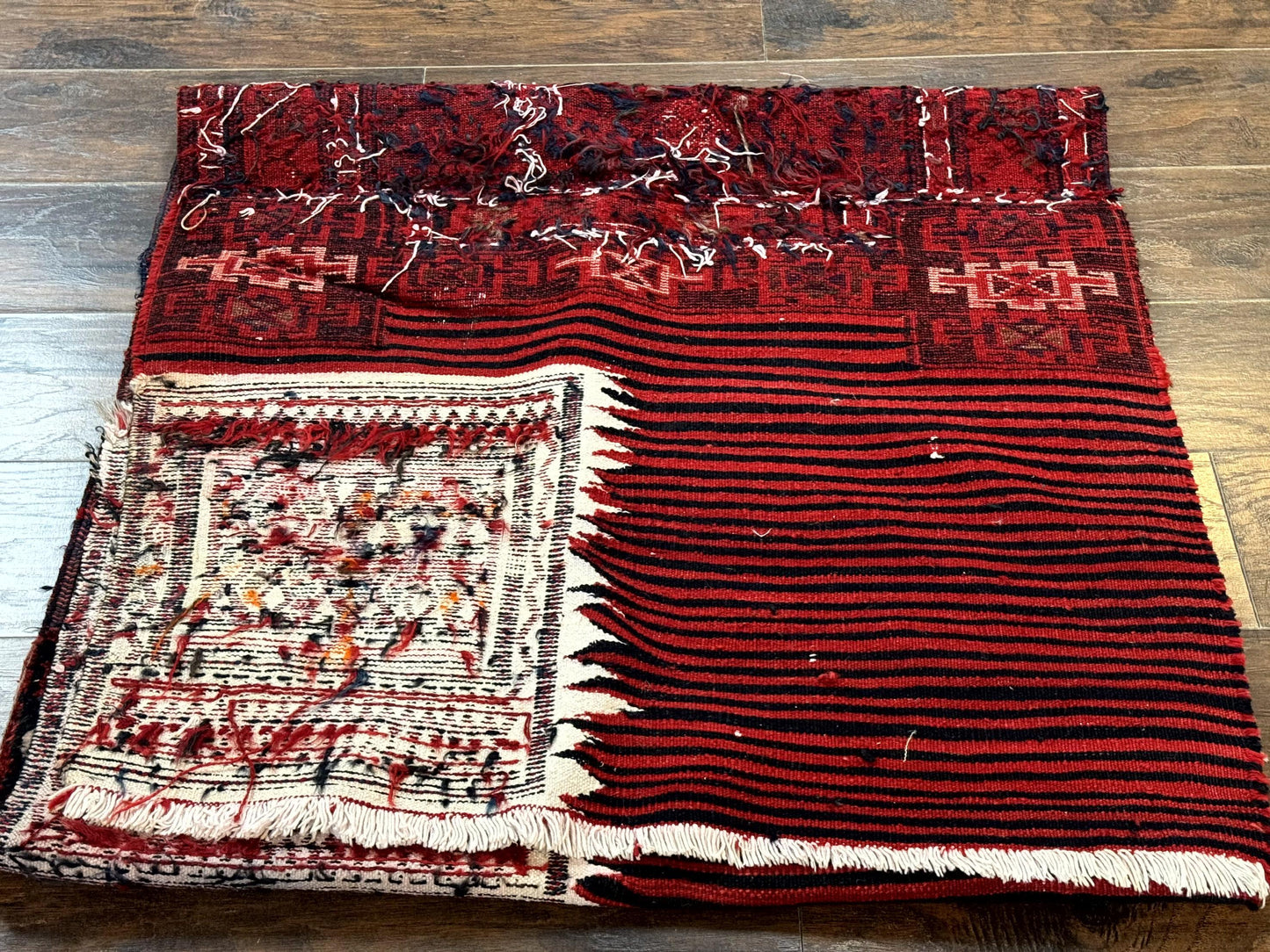 Persian Tribal Nomadic Saddle Cover Rug, Antique, Handmade, Wool, Red Ivory Black, Collectible, Shashavan - Nuvé