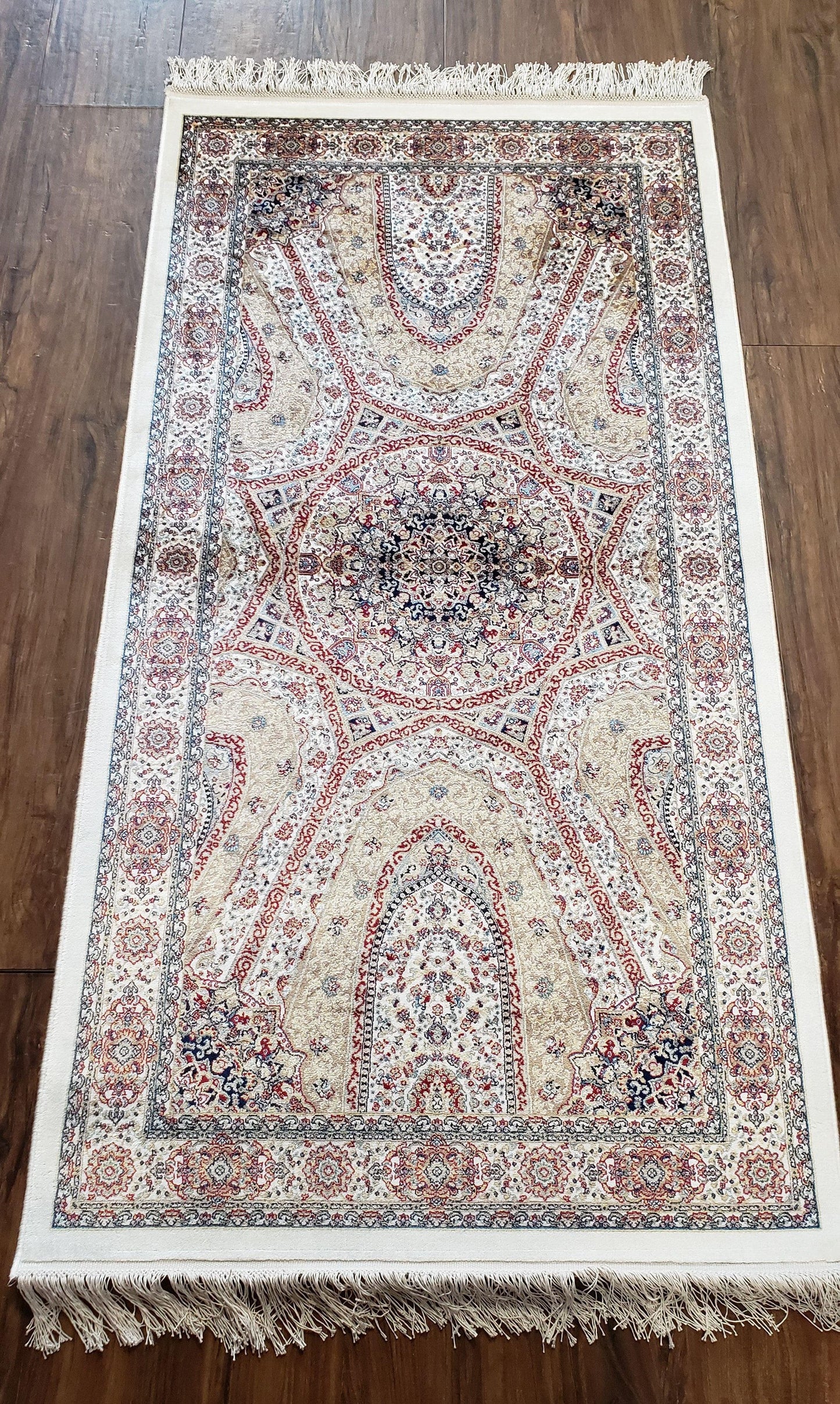 Beige & Cream Small Turkish Silk Rug, Bamboo Silk, Power-Loomed, Persian Design, High Quality, Soft Accent Rug, 3x5 ft, 2' 8" x 4' 11" - Nuvé