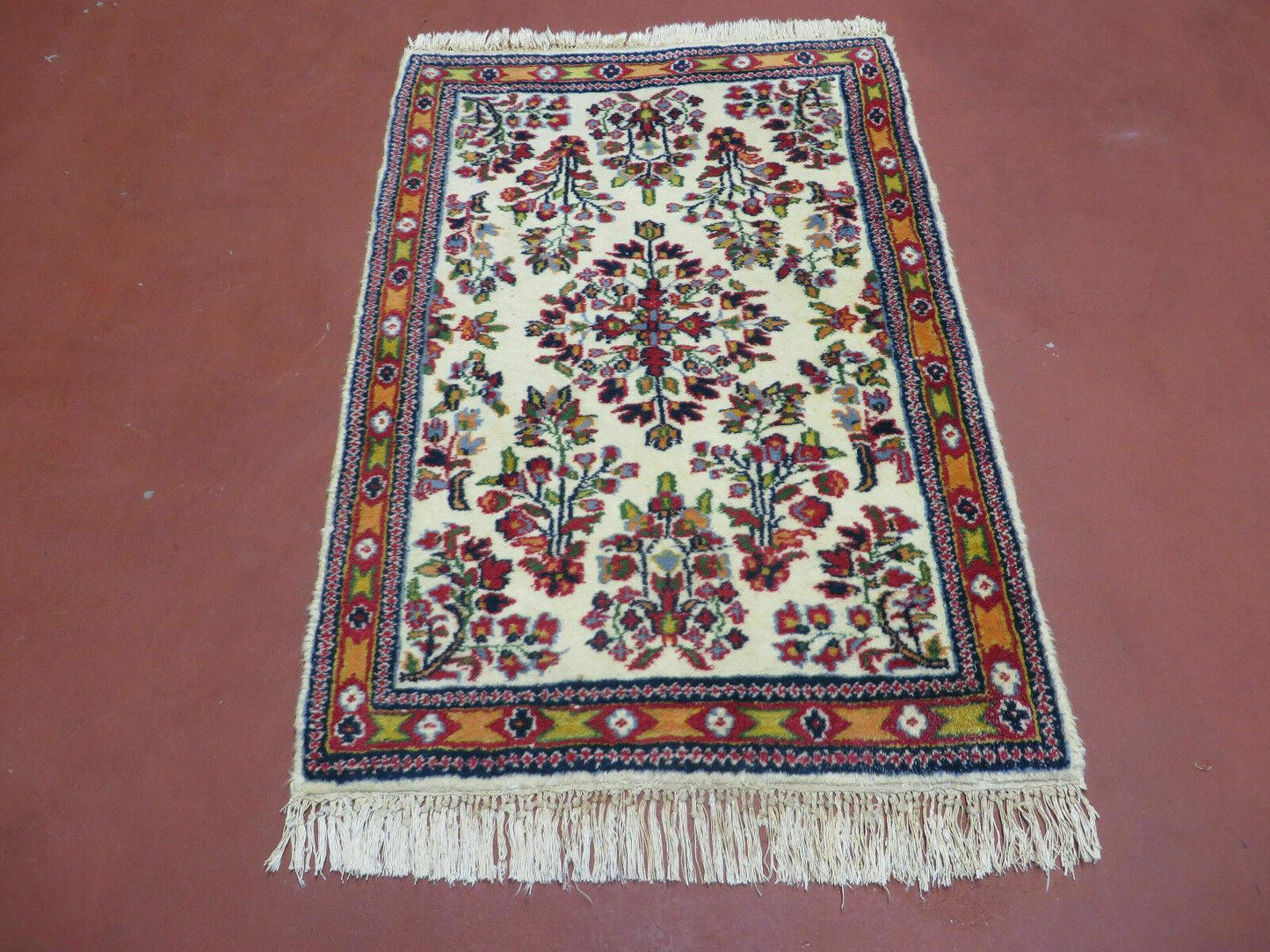 Small Persian Rug 2 x 3, Tiny Persian Sarouk Carpet, Cream Navy Blue Red, Floral Medallion, Vintage Wool Rug, Handmade Hand-Knotted Oriental Rug - Nuvé