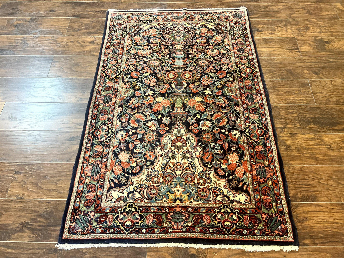 Persian Saoruk Rug 4x5, Navy Blue and Red, Floral, Antique Persian Wool Carpet, Handmade - Nuvé
