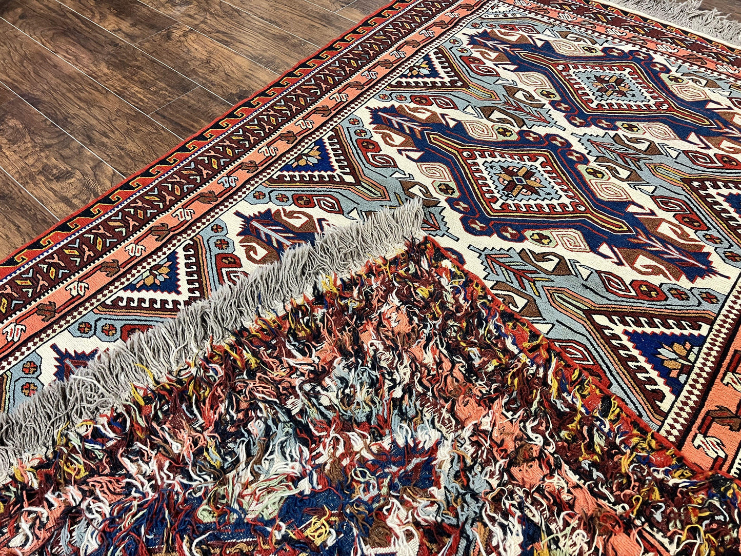 Russian Soumak Rug 6x8, Wool Handmade Antique Kilim Carpet, Multicolor 6 x 8 Geometric Medallions Caucasian Rug, Medium Size - Nuvé
