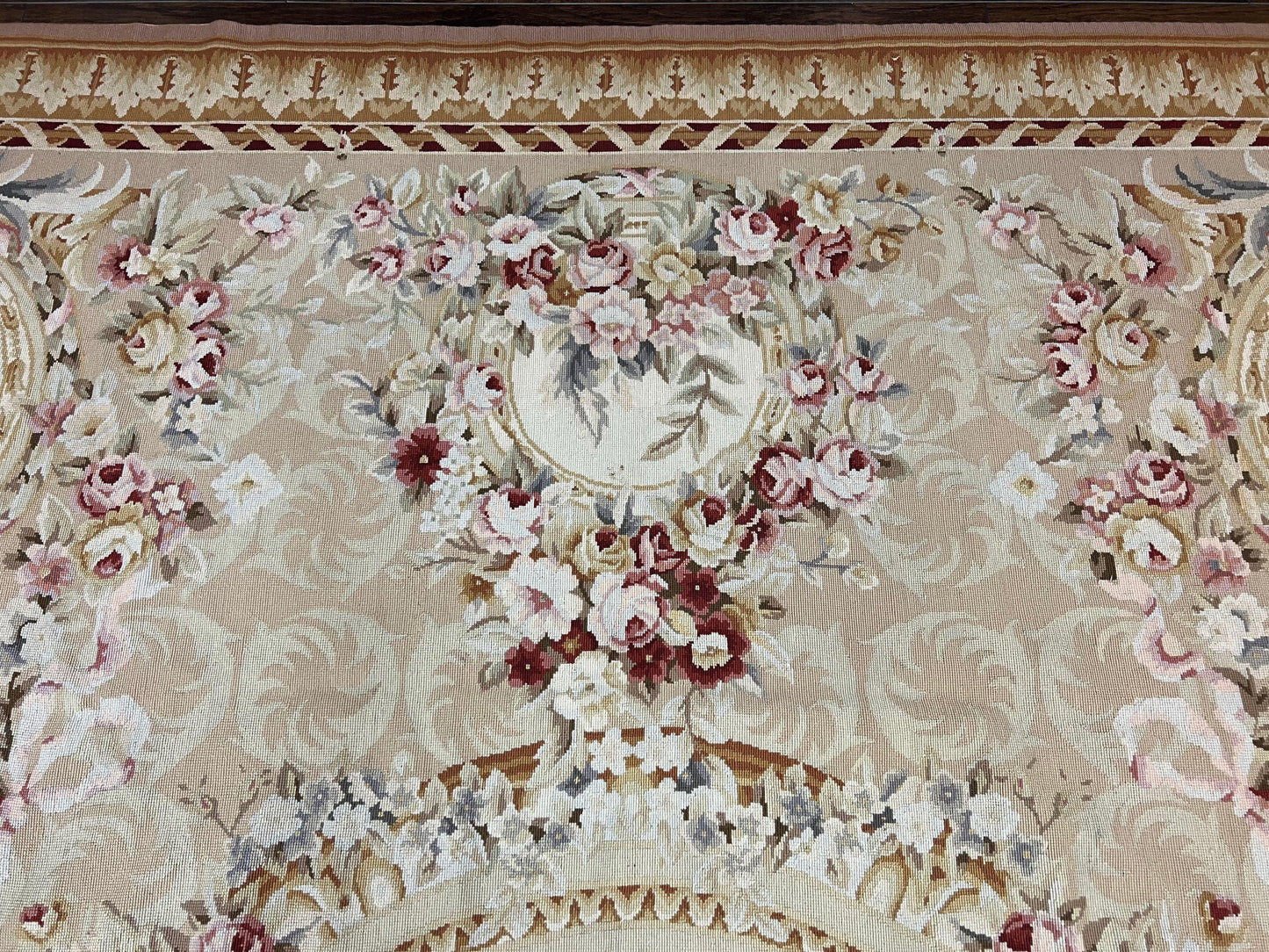 Aubusson Rug 9x12, Elegant Savonnerie Carpet 9 x 12 ft, Beige Ivory Tan, Floral, Flatweave Wool Handmade Area Rug 9 x 12 ft, European French - Nuvé