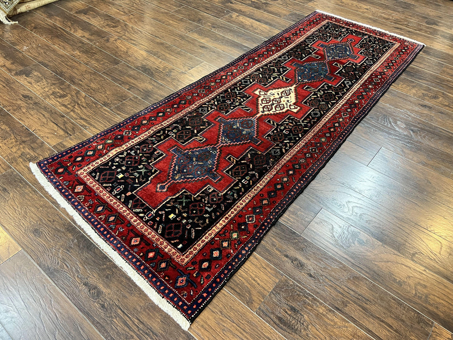 Persian Kurdish Senneh Runner Rug 3x9, Red Navy Blue, Medallions Wool Tribal Runner for Kitchen/Hallway 9ft Antique Handmade Oriental Runner - Nuvé