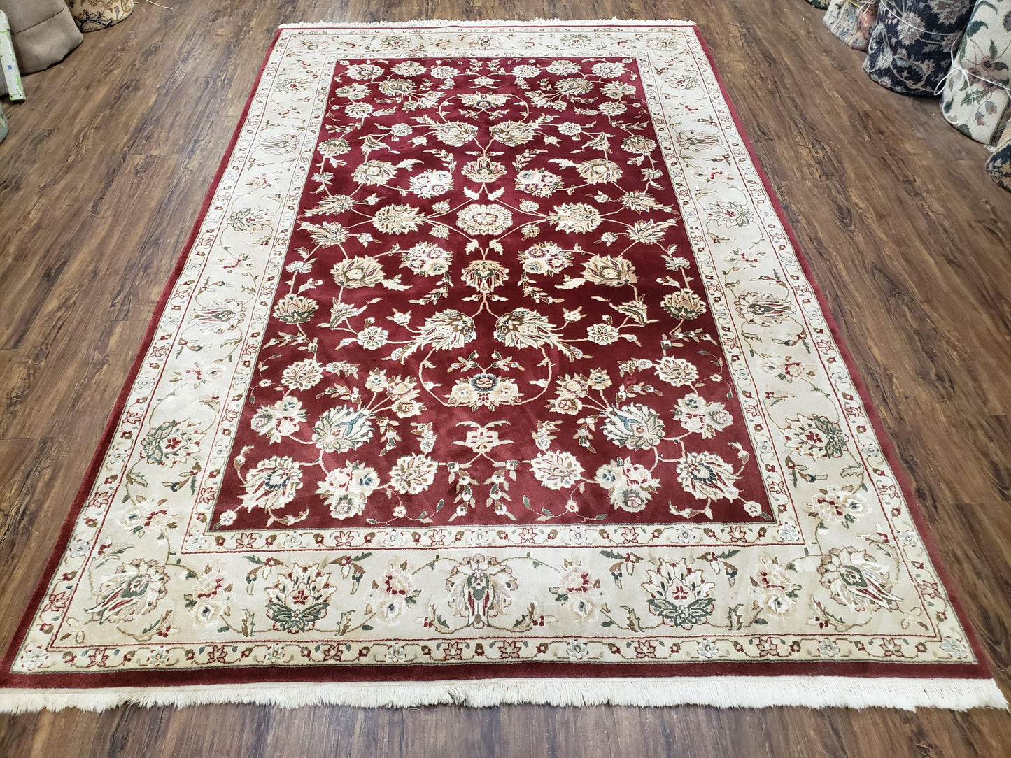 Vintage Traditional Oriental Area Rug, Hand-Knotted, Wool & Silk Accents, Maroon Red and Beige, 6x9 Carpet, 5' 9" x 9' - Nuvé