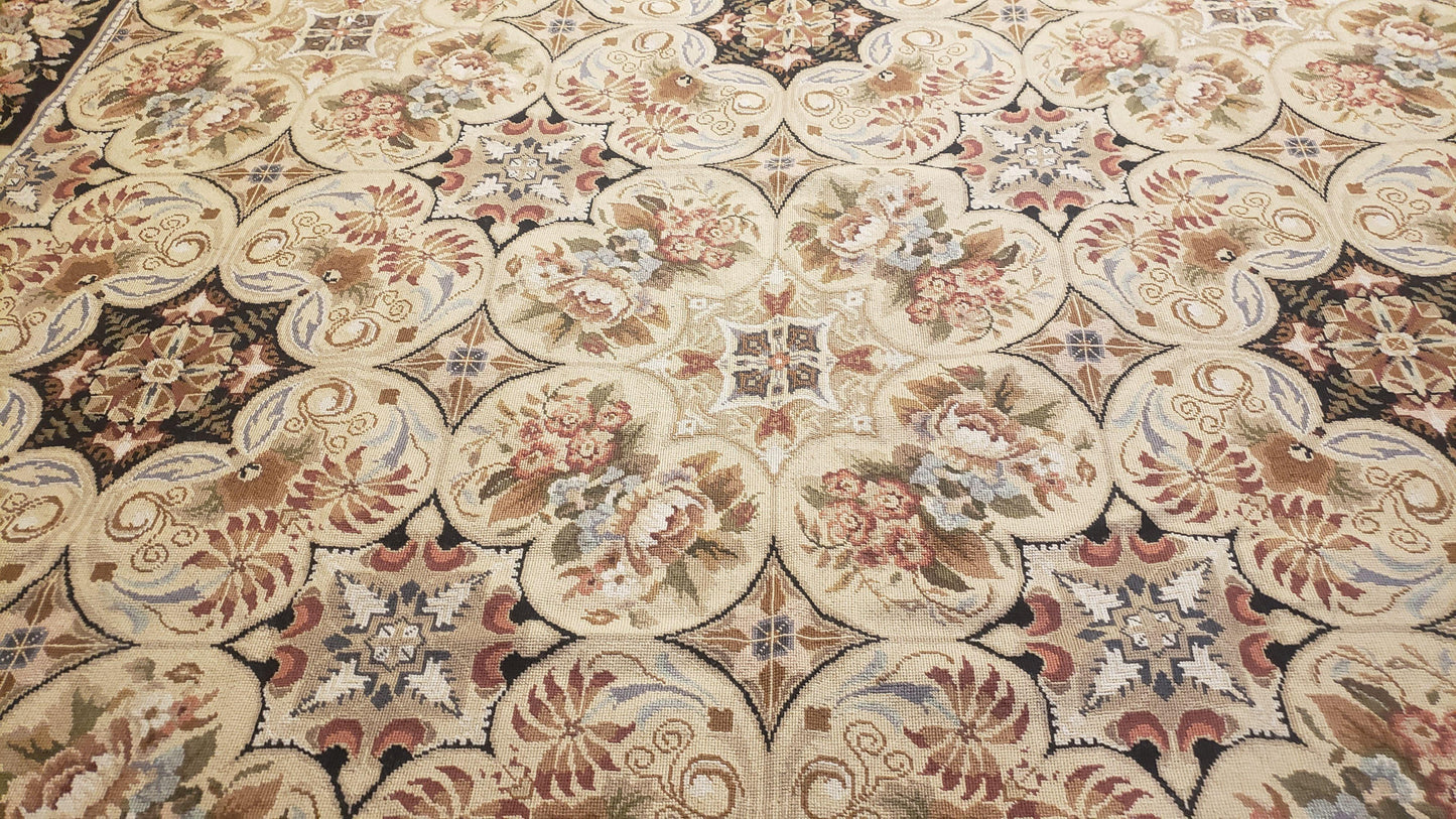 Needlepoint Rug 8x10ft Allover European Design Flowers 100% Wool Hand Knotted Aubusson Area Rug Brand New Flatweave Needle Point Carpet Chic - Nuvé