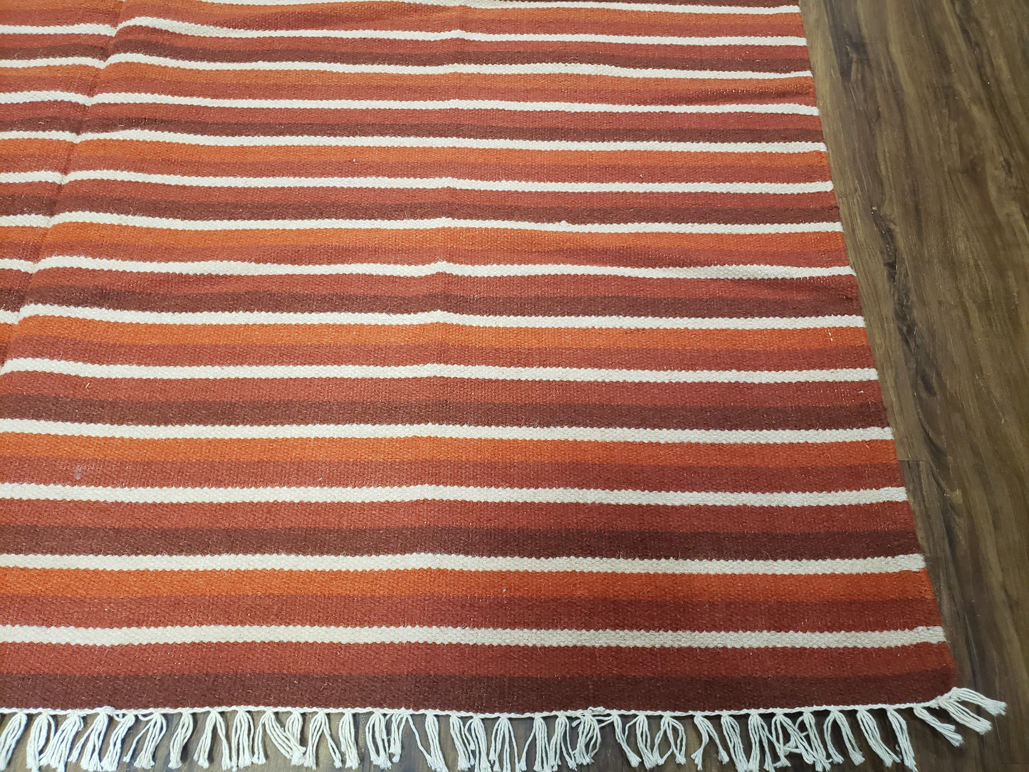 Large Striped Woolen Handmade Throw Blanket, Twin Size Bedding Hand-Woven, Indian Kilim Area Rug, 6x8 - 7x8, South American Style Textile - Nuvé