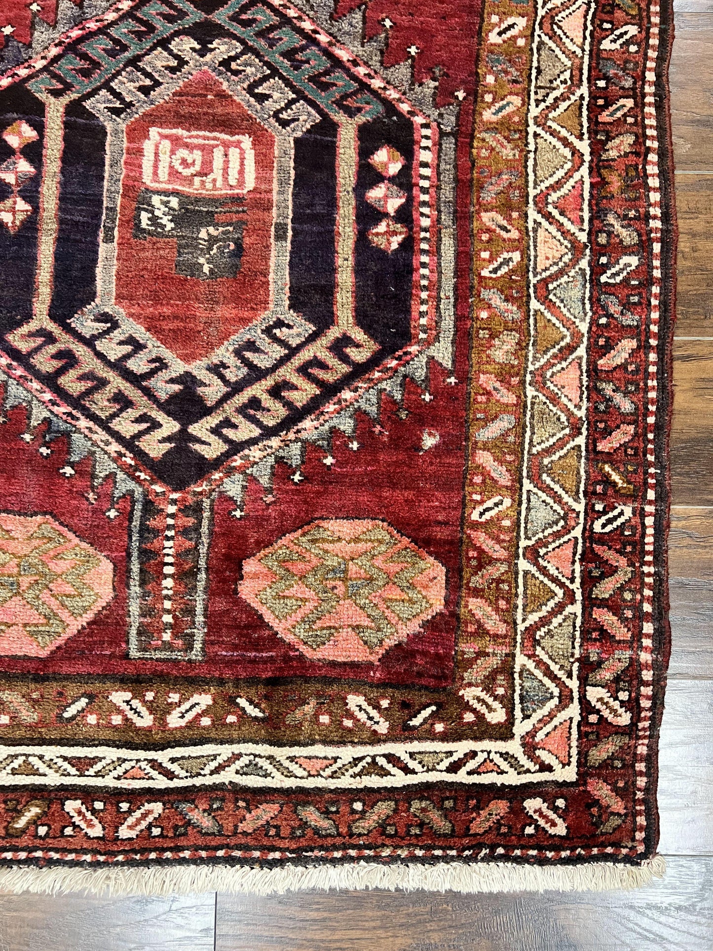 Persian Heriz Runner Rug 3.8 x 8.6, Geometric Design, Large Triple Medallions, Hand Knotted Handmade Vintage Wool Hallway Rug, Red - Nuvé