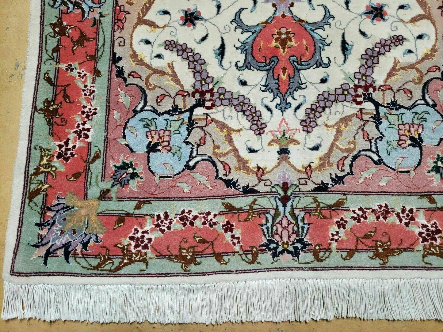 Small Vintage Persian Tabriz Wool and Silk Rug 2.5 x 4 ft, Very Finely Hand Knotted, Medallion, Ivory Salmon Light Blue, Top Quality, Pair B - Nuvé