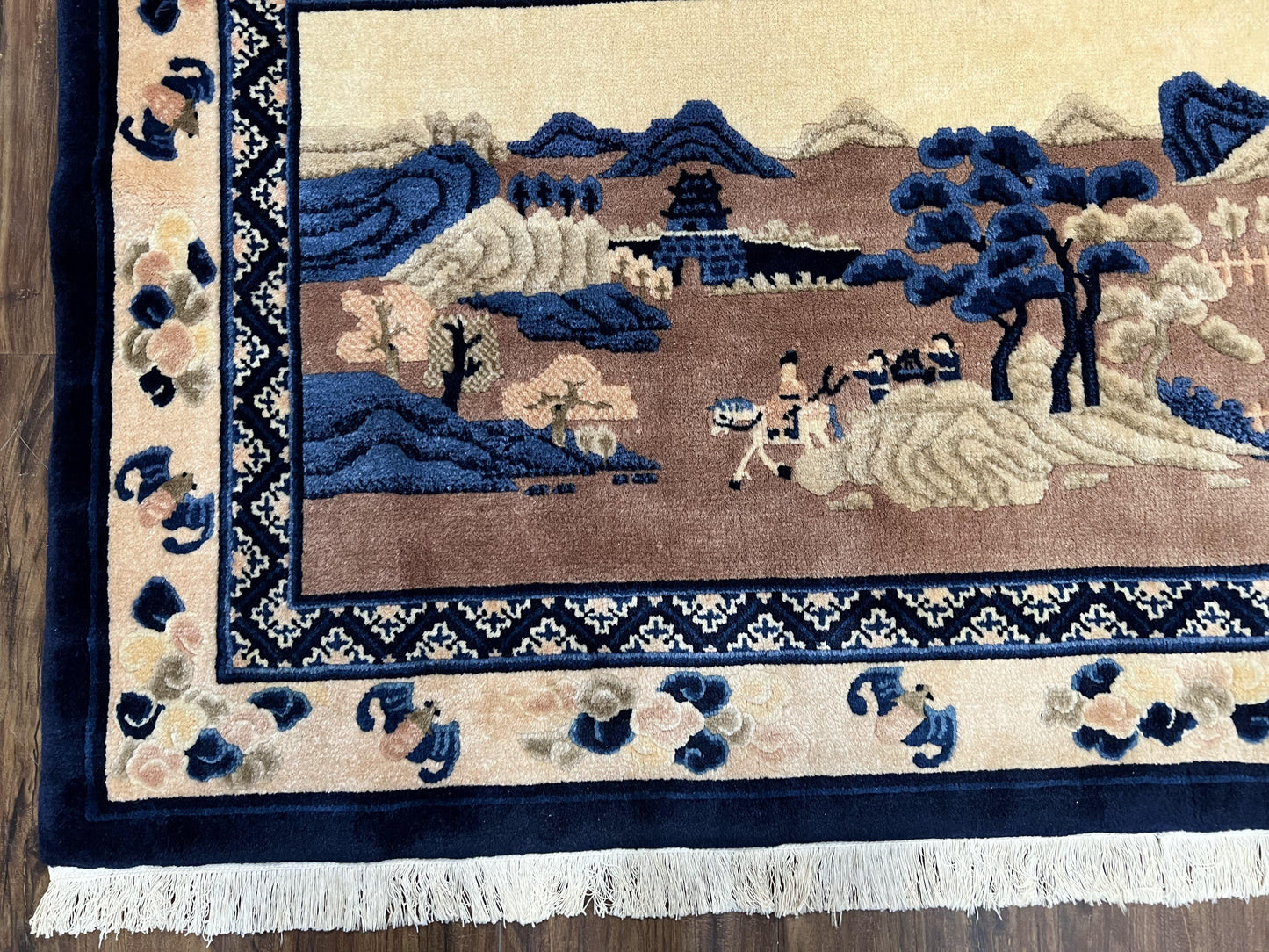 Antique Chinese Pictorial Rug 2.7 x 5, Chinese Village and Hills Carpet, Beige and Dark Blue, Handmade, Horizontal Rug Wall Hanging Tapestry - Nuvé
