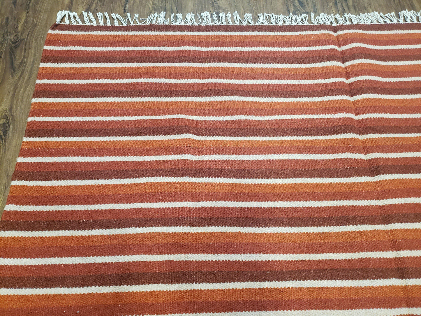 Large Striped Woolen Handmade Throw Blanket, Twin Size Bedding Hand-Woven, Indian Kilim Area Rug, 6x8 - 7x8, South American Style Textile - Nuvé