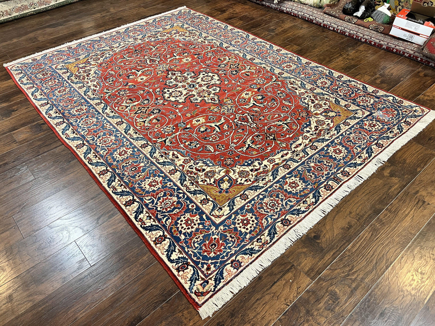 Red Persian Isfahan Rug 7x10 - Antique, Floral Medallion - Nuvé