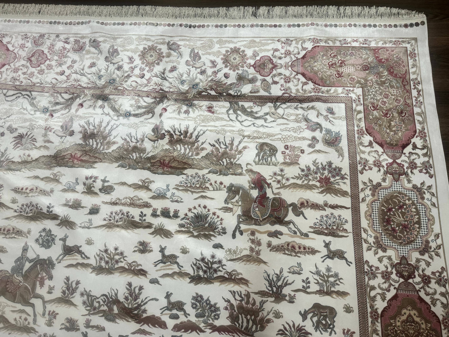 Large Turkish Silk Rug 8x10, Ivory, Hunting Design, Bamboo Silk, New - Nuvé