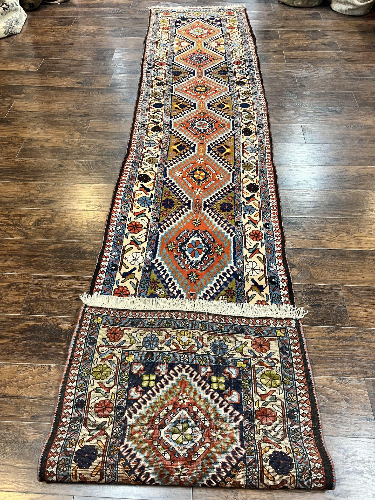 Persian Tribal Runner Rug 2.9 x 14, Colorful Rare Antique Persian Shiraz Yalameh Geometric Carpet for Hallway, 14ft Runner, Handmade, Wool, Red - Nuvé