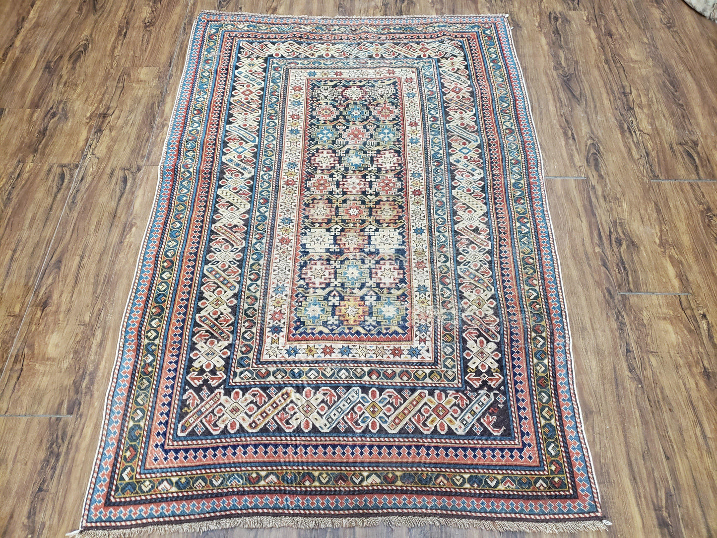 Caucasian Rug 3'9" x 5'7", Antique 1920s Collectible Caucasian Chi Chi Carpet, Hand Knotted, Colorful, Dark Blue Cream Red, Wool, Small Rug - Nuvé