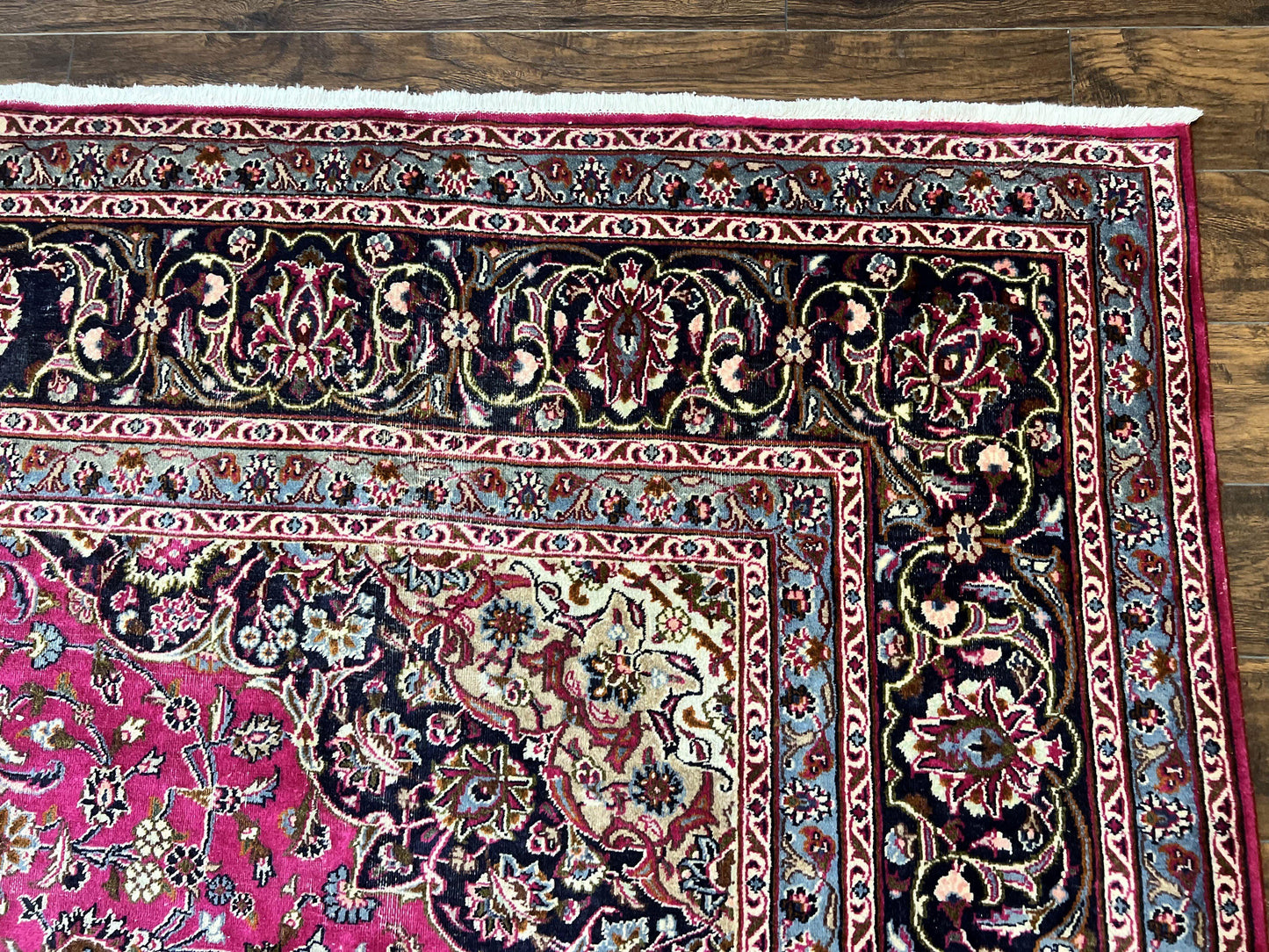 Persian Rug 10x13, Wool Hand Knotted Antique Kashmar Carpet, Raspberry Red & Navy Blue, Floral Medallion, Traditional Oriental Rug 10 x 13 - Nuvé