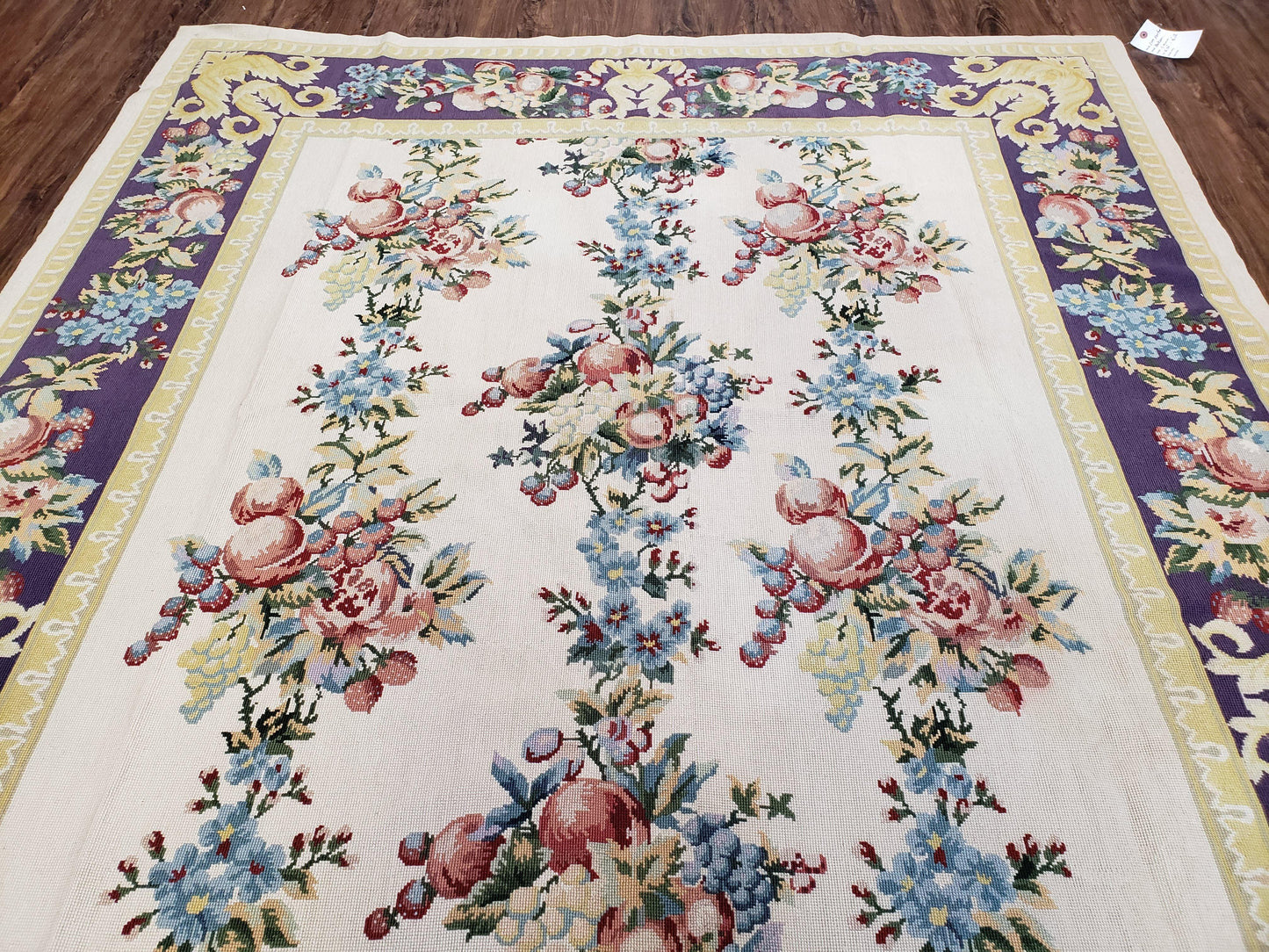 Vintage Chinese Floral Needlepoint Area Rug 6x9, Wool Hand-Woven Handmade Flatweave Rug, Ivory & Purple, Fruits Grapes Apples, Dining Room - Nuvé