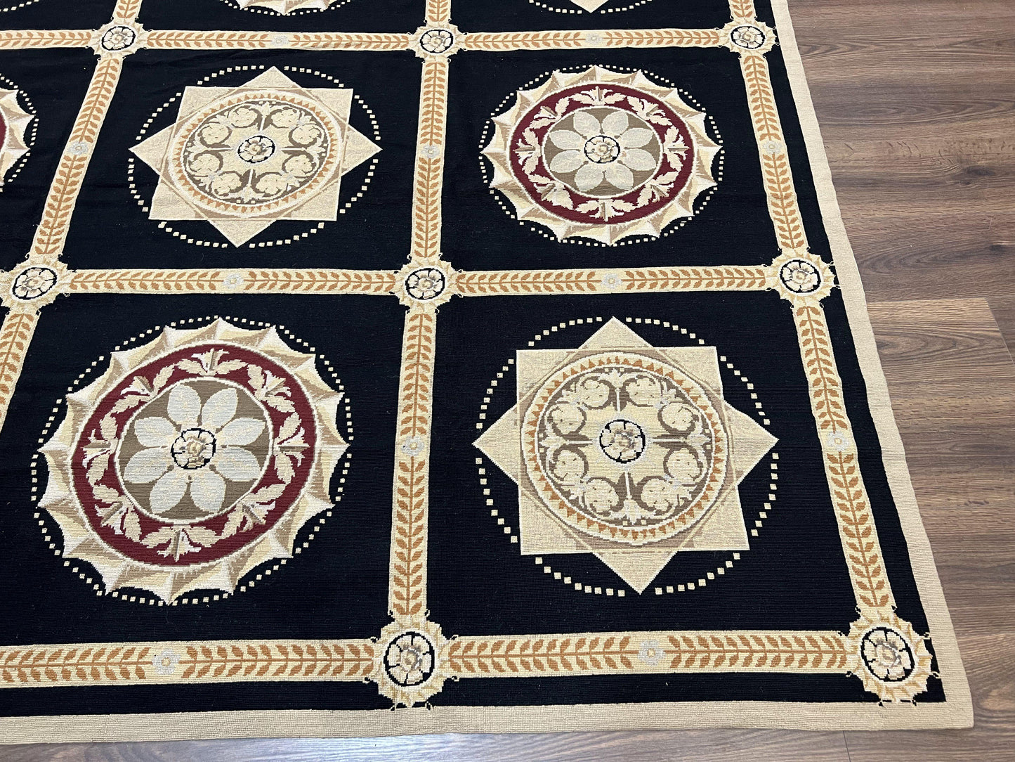 Large Needlepoint Rug 10x13, Panel Design, Black and Beige, Wool Needlepoint Carpet 10 x 13, English Garden, Handwoven Area Rug, Living Room - Nuvé