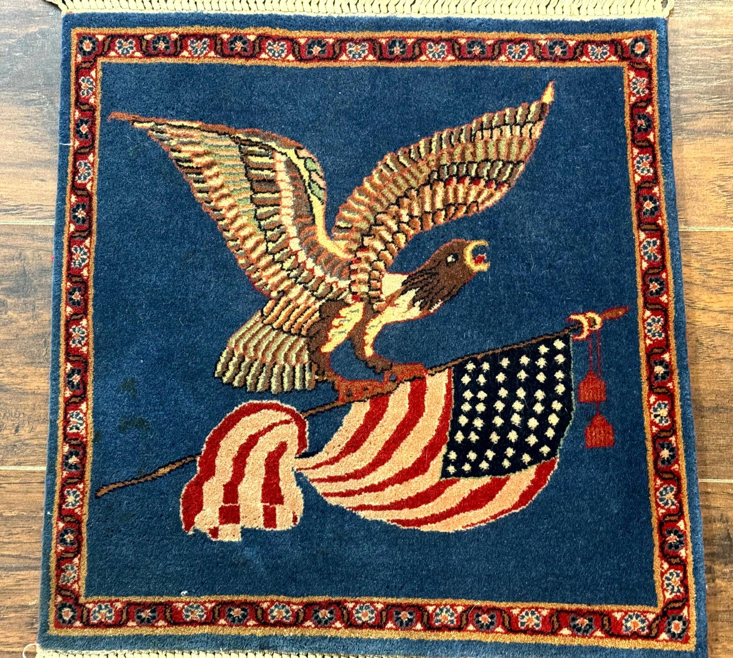 Pictorial Rug of American Flag with Bald Eagle, Small Indo Persian Pictorial Rug, Blue, Handmade, Very Fine 330 KPSI - Nuvé
