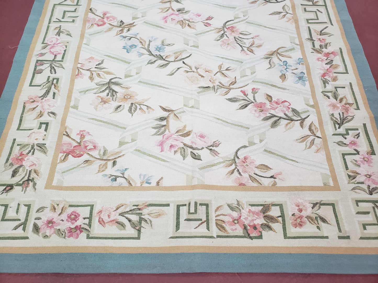 Vintage Aubusson Area Rug, Aubusson Flat weave Carpet, Floral Geometric Pattern, Beige Teal Green, 4x6 Rug, European Design - Nuvé