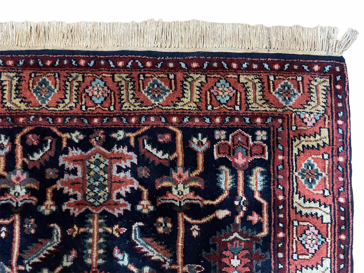 4x6 Vintage Handmade Wool Geometric Rug Organic Dyes Blue Red Hand-Knotted Rug - Nuvé