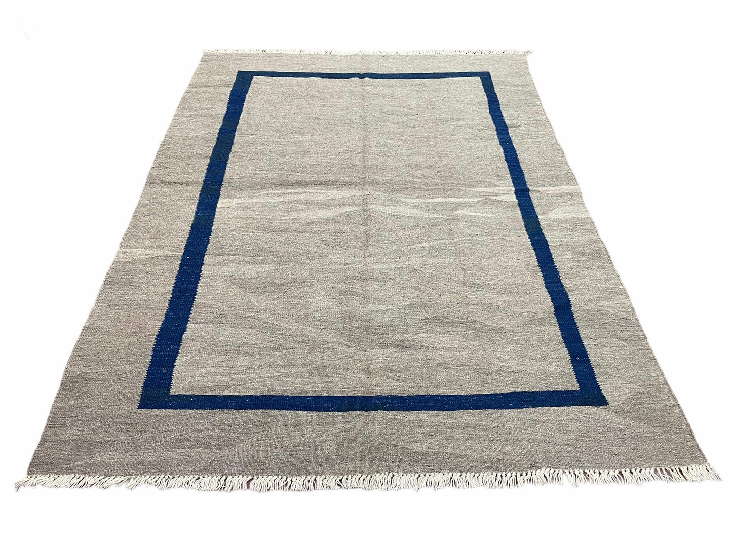 Geometric Turkish Kilim Rug 5' 7" x 7' 9", Flatweave Carpet, Minimal Design, Anatolian Carpet, Gray, Geometric, Dark Blue, Hand-Knotted, New - Nuvé