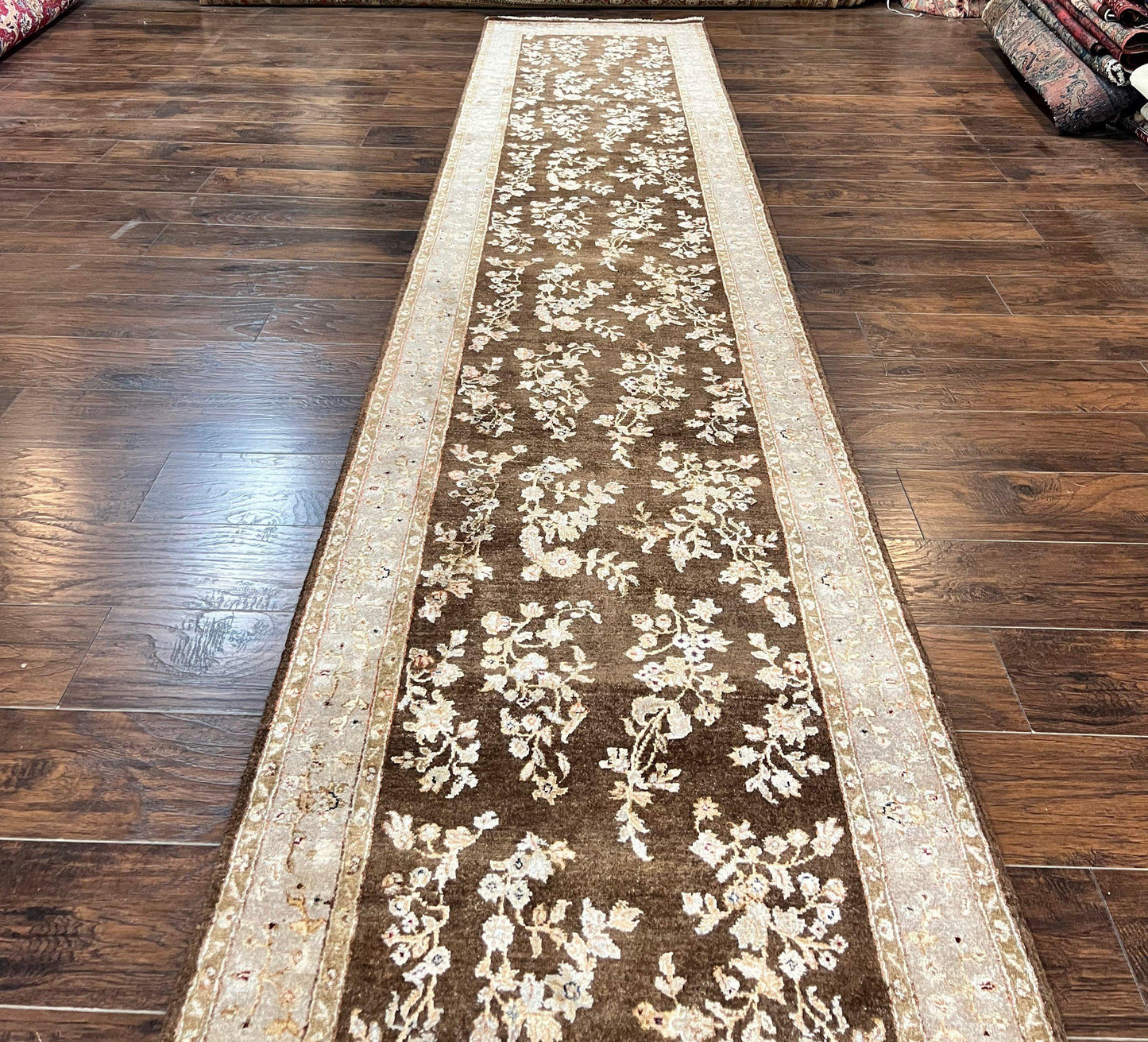Peshawar Runner Rug 3 x 20, Wool Hand Knotted Vintage Pakistani Carpet, Brown & Taupe, Chobi Mahal Floral Rug, Extra Long Hallway Runner - Nuvé