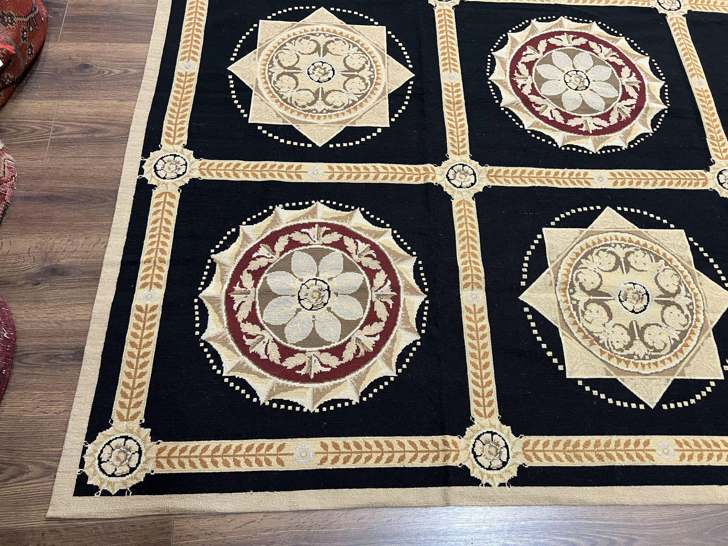 Large Needlepoint Rug 10x13, Panel Design, Black and Beige, Wool Needlepoint Carpet 10 x 13, English Garden, Handwoven Area Rug, Living Room - Nuvé