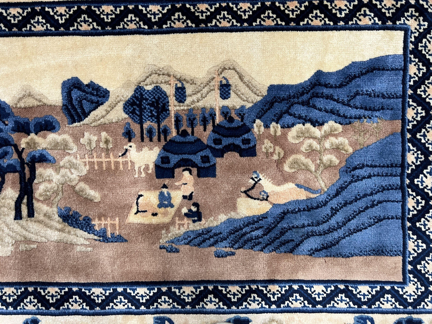 Antique Chinese Pictorial Rug 2.7 x 5, Chinese Village and Hills Carpet, Beige and Dark Blue, Handmade, Horizontal Rug Wall Hanging Tapestry - Nuvé