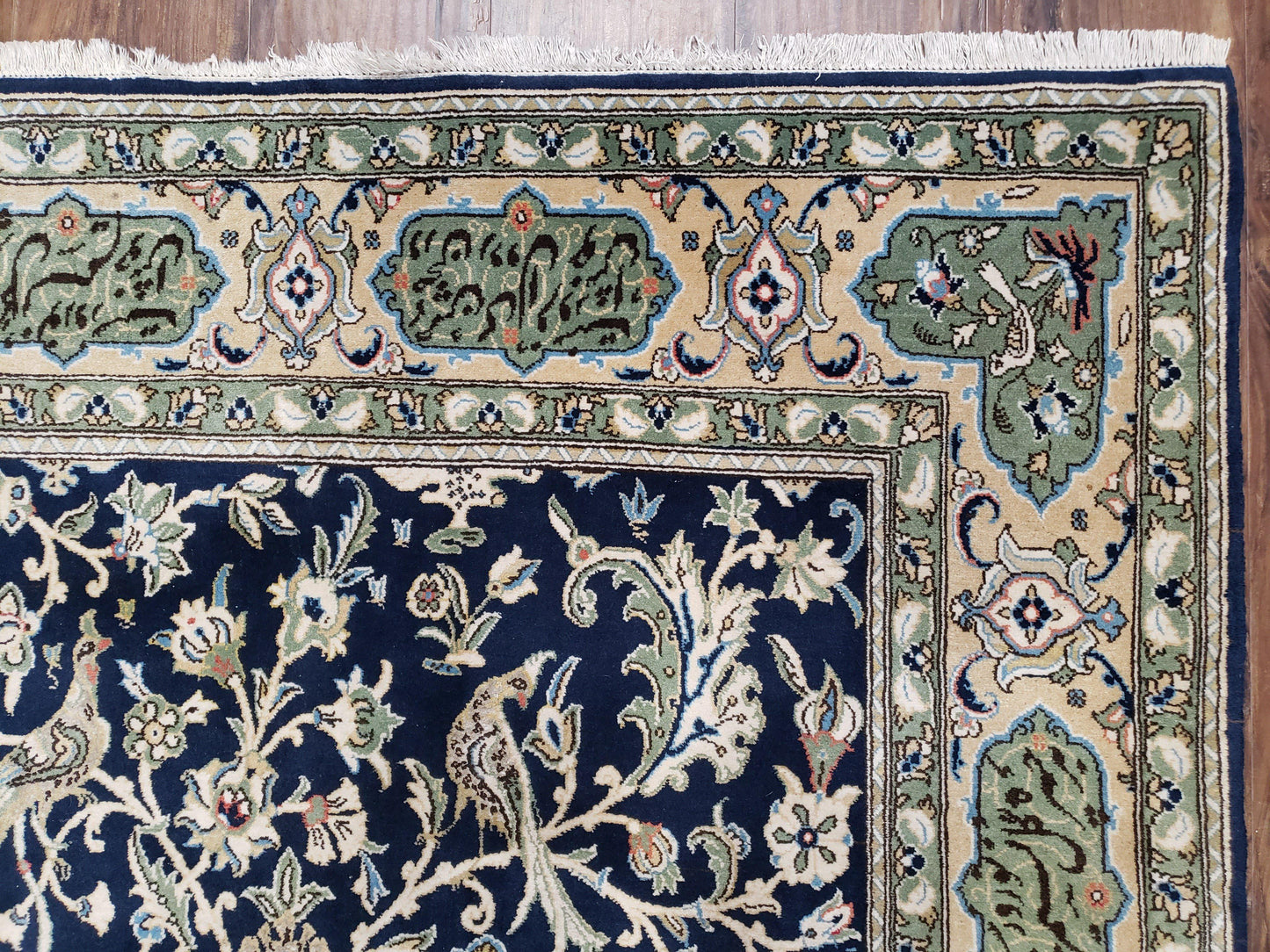 Semi Antique Persian Qum Tree of Life Rug, Hand-Knotted, Wool, Midnight Blue and Tan, Animal Pictorials, Written Poem in Borders, 4' 8" x 7' 8" - Nuvé