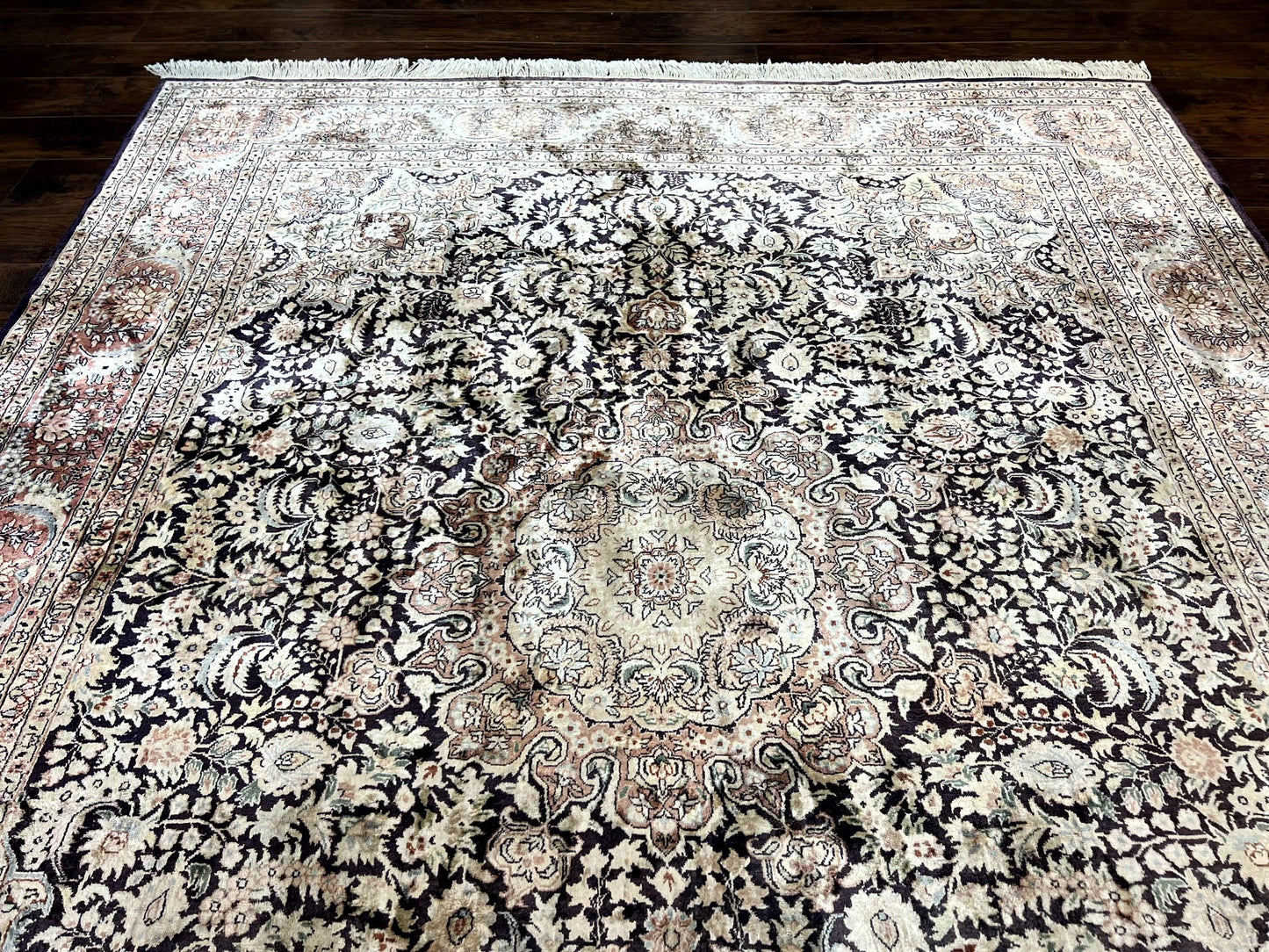 Silk Indian Kashmiri Rug 8x10, Floral Medallion, Indo Persian Carpet, Handmade Vintage Silk Rug - Nuvé
