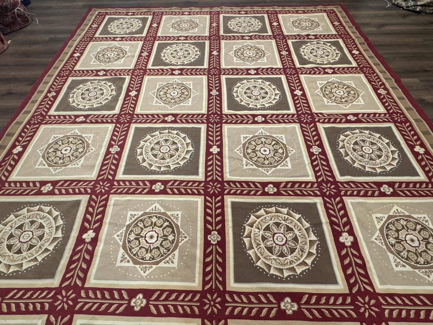 Needlepoint Rug 9x12, Panel Design, Burgundy Taupe, Elegant - Nuvé