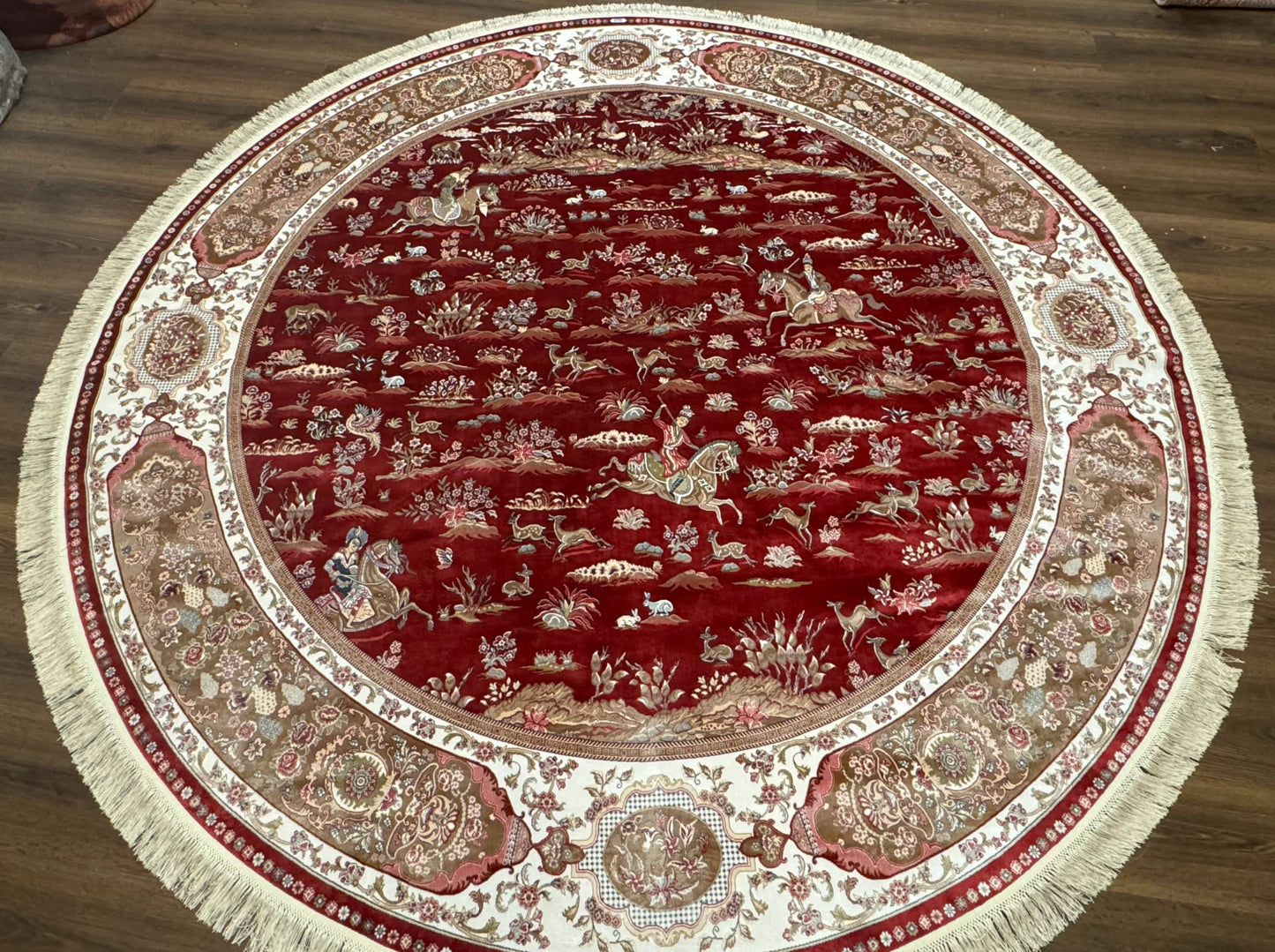 Large Round Turkish Silk Rug 8x8, Hunting Design, Dark Red & Ivory, Bamboo Silk - Nuvé