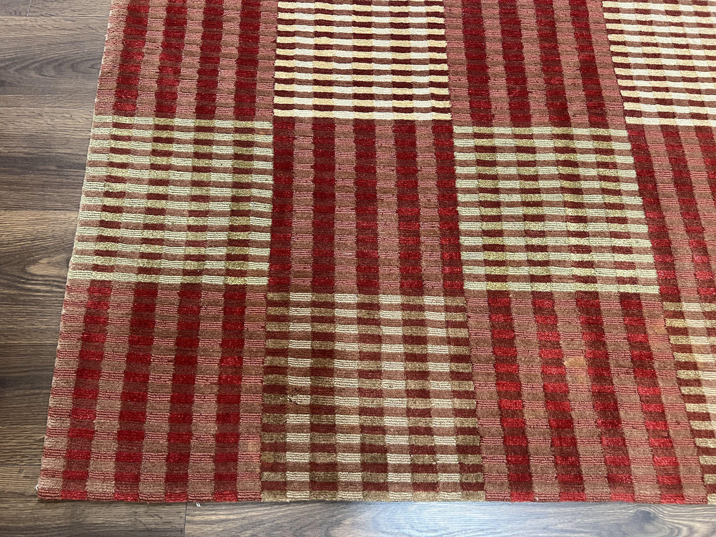 Modern Tibetan Rug 8x10, Hand Knotted Contemporary Nepali Carpet 8 x 10, Checkerboard Design, Red Cream Light Brown, Very Fine Wool & Silk - Nuvé