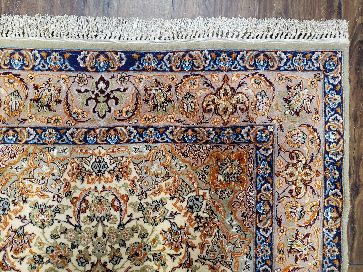 Vintage Persian Isfahan Lachak Toranj Rug, Highly Detailed, Kork Wool on Silk Foundation, Beige and Dark Blue, Hand-Knotted, 3'6" x 5' 4" - Nuvé