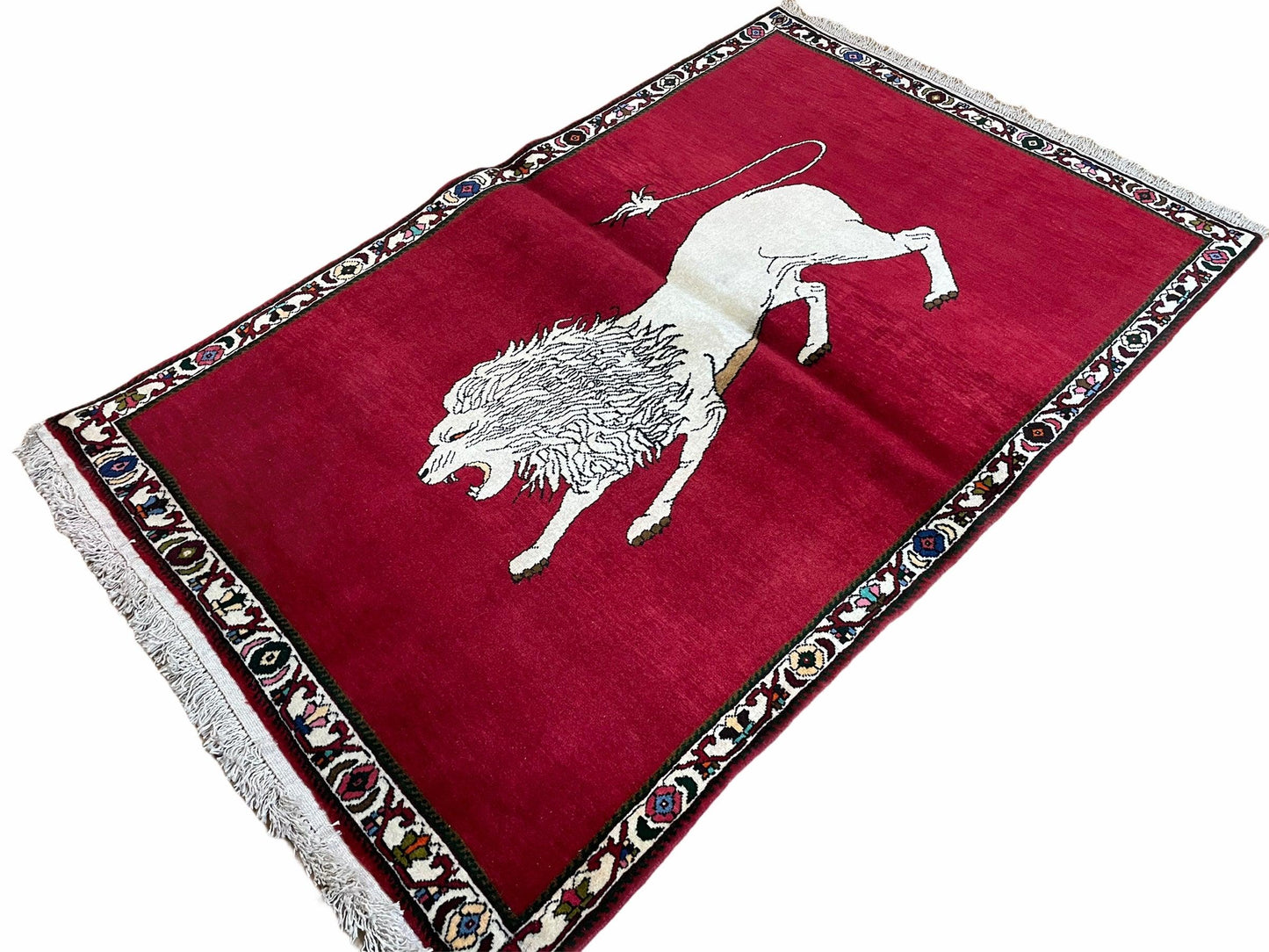 4 X 6 Handmade Hand-Knotted Quality Wool Rug Zagros Lion Red Ivory Tribal Rug - Nuvé