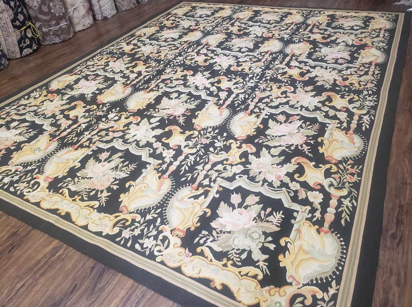 Vintage Black Aubusson Area Rug 8x10, Large Flowers Chinese Aubusson Carpet 7.9 x 10, Wool Hand-Knotted Floral Pattern Flat Weave Rug Nice - Nuvé
