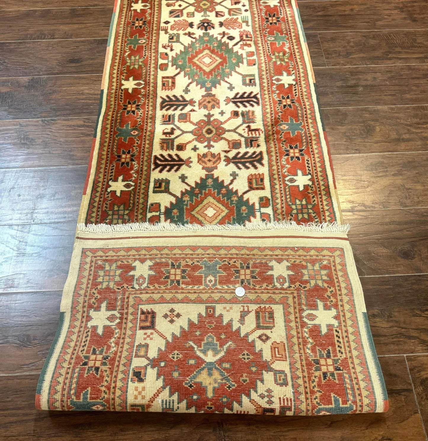 Turkish Runner Rug 2.4 x 8, Kazak Geometric Heriz Pattern, Beige Red - Nuvé