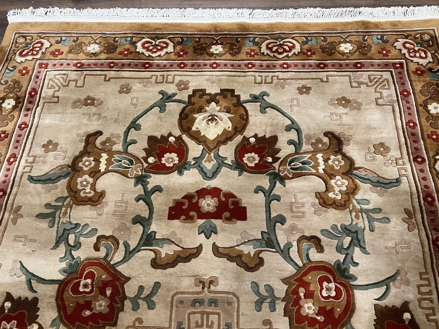 Chinese Wool Rug 5.9 x 9, Tan and Brown Asian Art Deco Carpet, Vintage 1960s Oriental Rug, Hand-Knotted Rug, Soft Wool, Medallion, Pair B - Nuvé