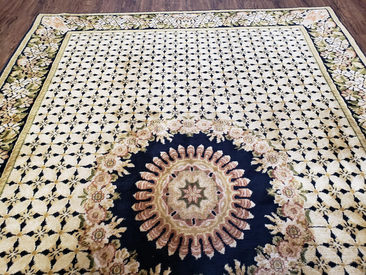Indian Rug with Tibetan Weave, 6x8 - 6x9 Rugs, Indo-Tibetan Rug, Black and Cream Beige Tan, Floral Border, Soft Rug, Handmade Area Rug, Wool - Nuvé