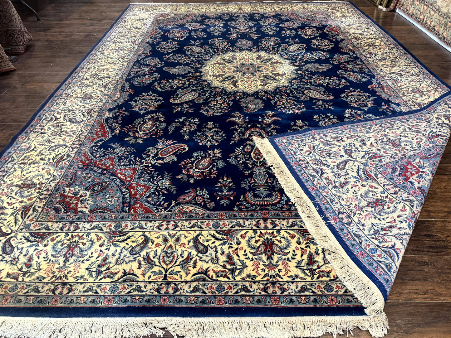Sino Persian Kerman Rug 10x14, Blue and Beige, Floral Medallion, Fine 240 KPSI - Nuvé