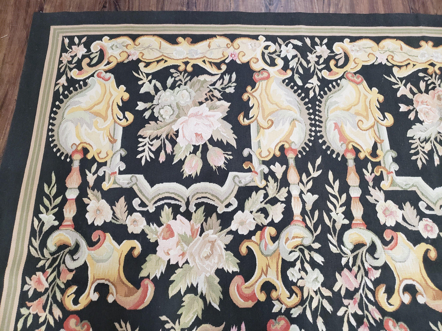 Vintage Black Aubusson Area Rug 8x10, Large Flowers Chinese Aubusson Carpet 7.9 x 10, Wool Hand-Knotted Floral Pattern Flat Weave Rug Nice - Nuvé