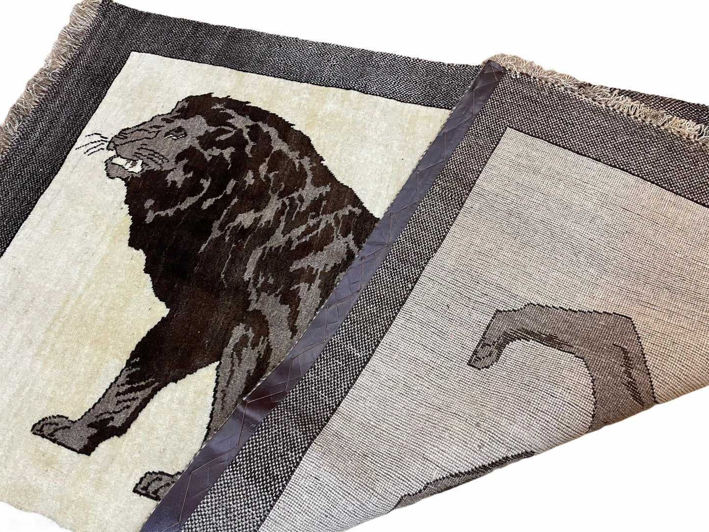 3 x 5 Handmade Rug Brown Beige Hand-Knotted Lion Rug New Vintage Quality Animal - Nuvé