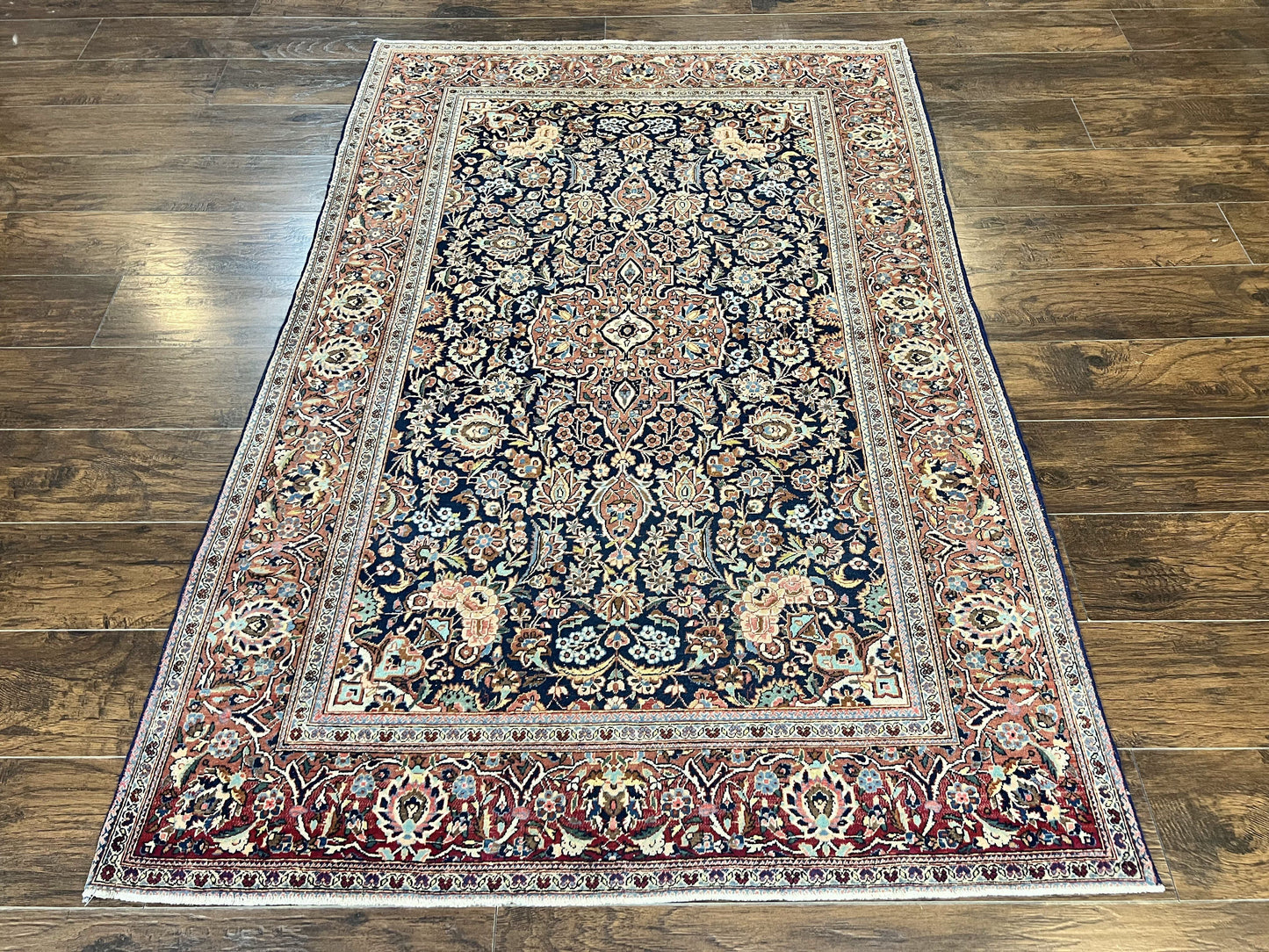 Persian Kashan Rug 4x7, Floral Medallion Vintage Handmade Hand Knotted Navy Blue & Red Wool Oriental Carpet, Highly Detailed Semi Antique Rug - Nuvé