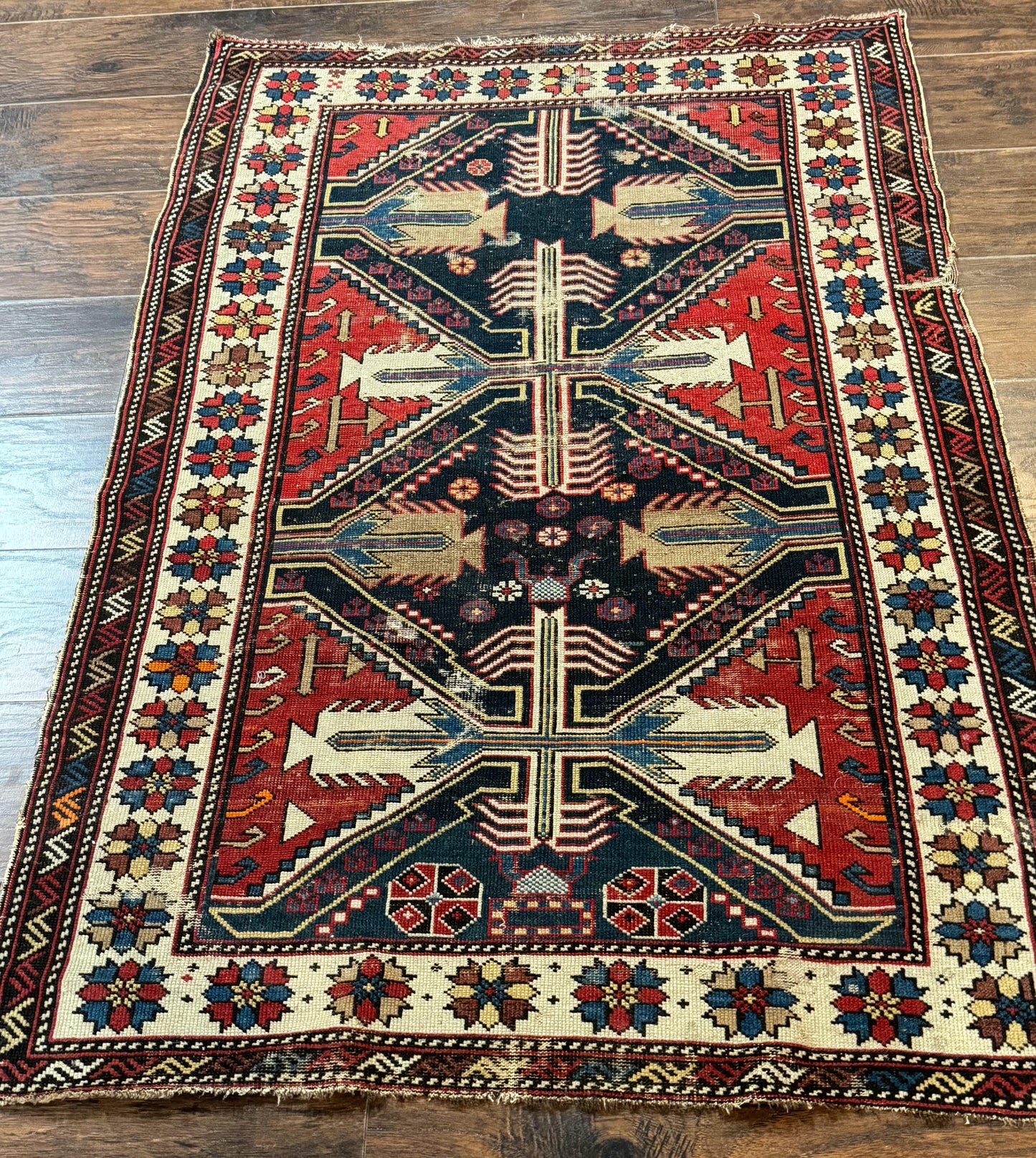 Antique Shirvan Caucasian Rug 3x5, Geometric Pattern, Red Navy Blue Beige - Nuvé