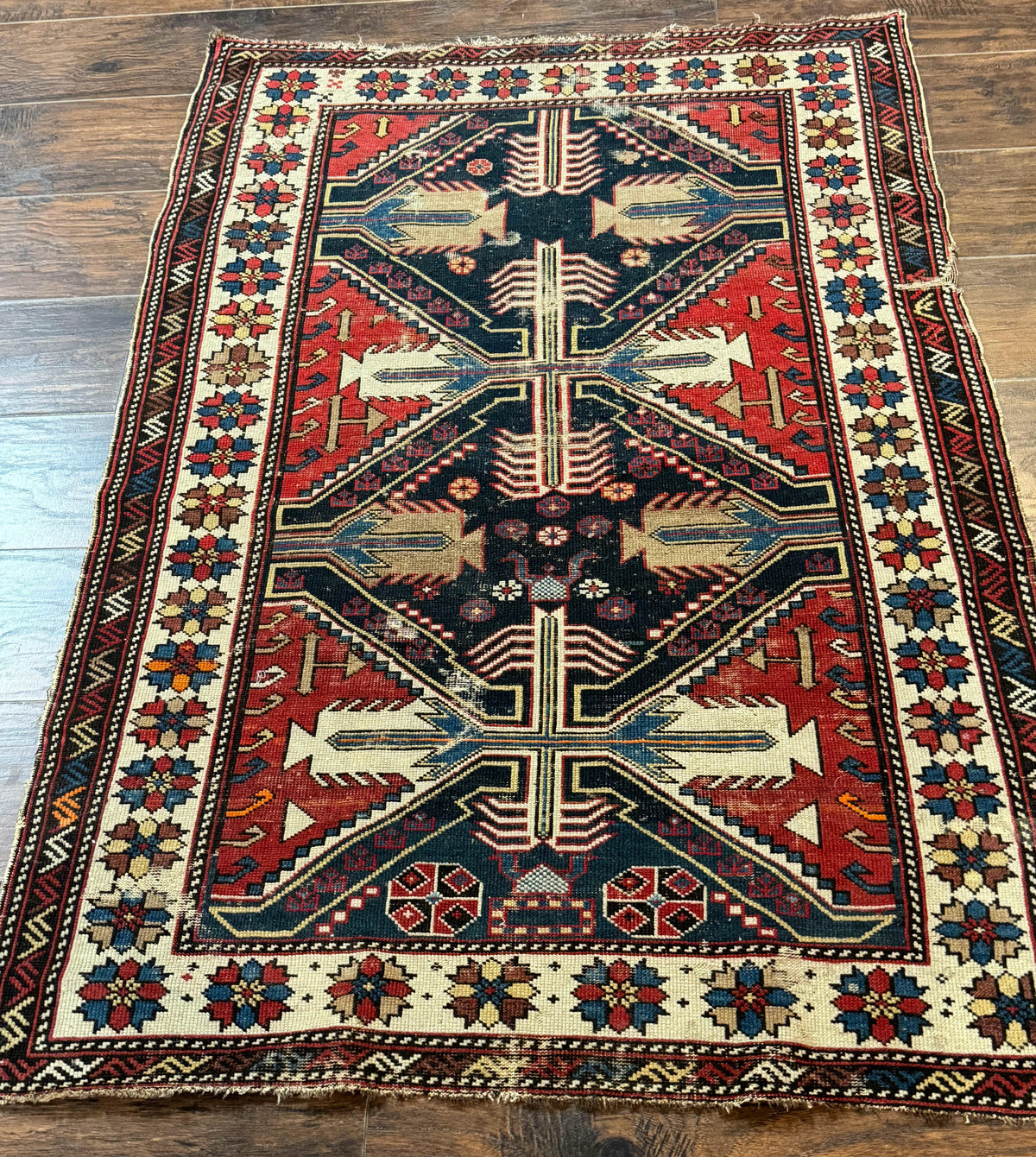 Antique Shirvan Caucasian Rug 3x5, Geometric Pattern, Red Navy Blue Beige